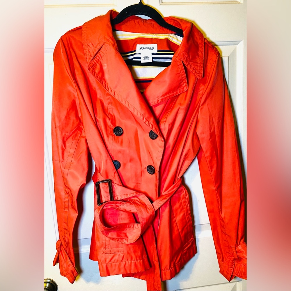 St. John's Bay Belted Coat Women's Bright Orange Raincoat Peacoat Pockets, L